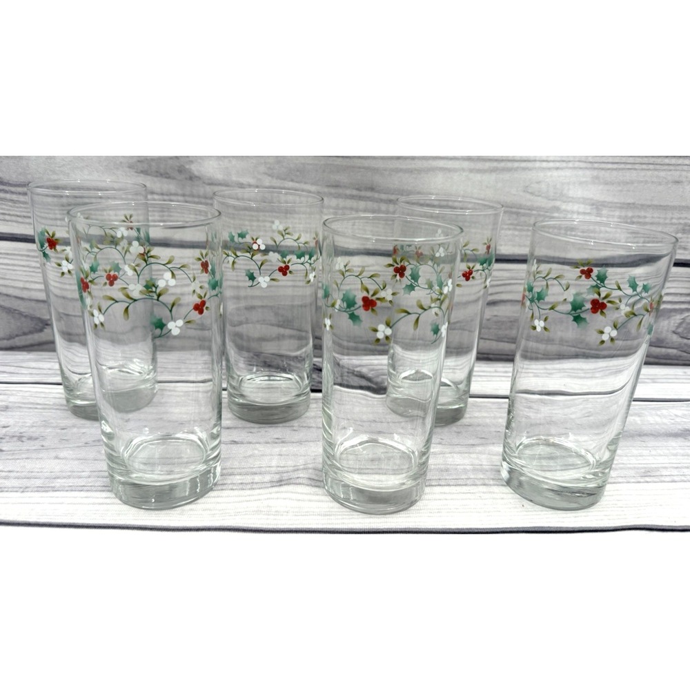 SET OF 6 COOLERS / DRINKING GLASSES - HOLIDAY HOLLY AND BERRIES - 15 OZ